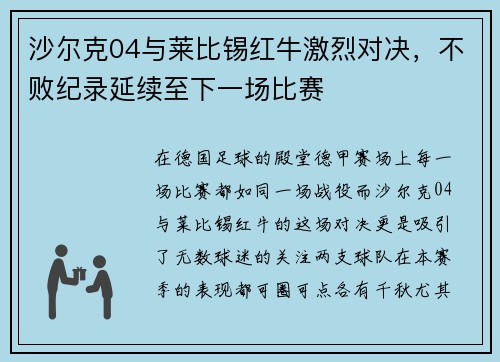 沙尔克04与莱比锡红牛激烈对决，不败纪录延续至下一场比赛