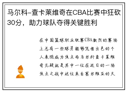 马尔科-查卡莱维奇在CBA比赛中狂砍30分，助力球队夺得关键胜利